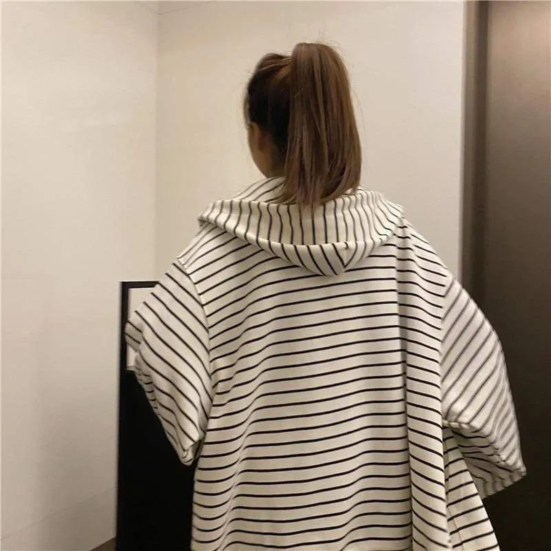 Women's Casual Zipper Loose Striped Hoodies