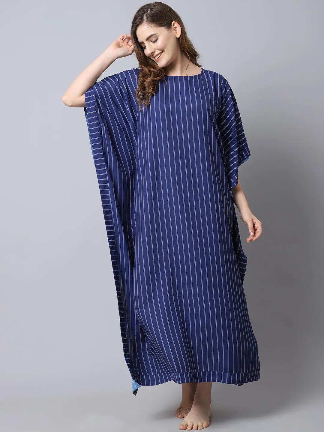 Women's Georgette Printed Kaftan Nighty/ Night Gown -Blue