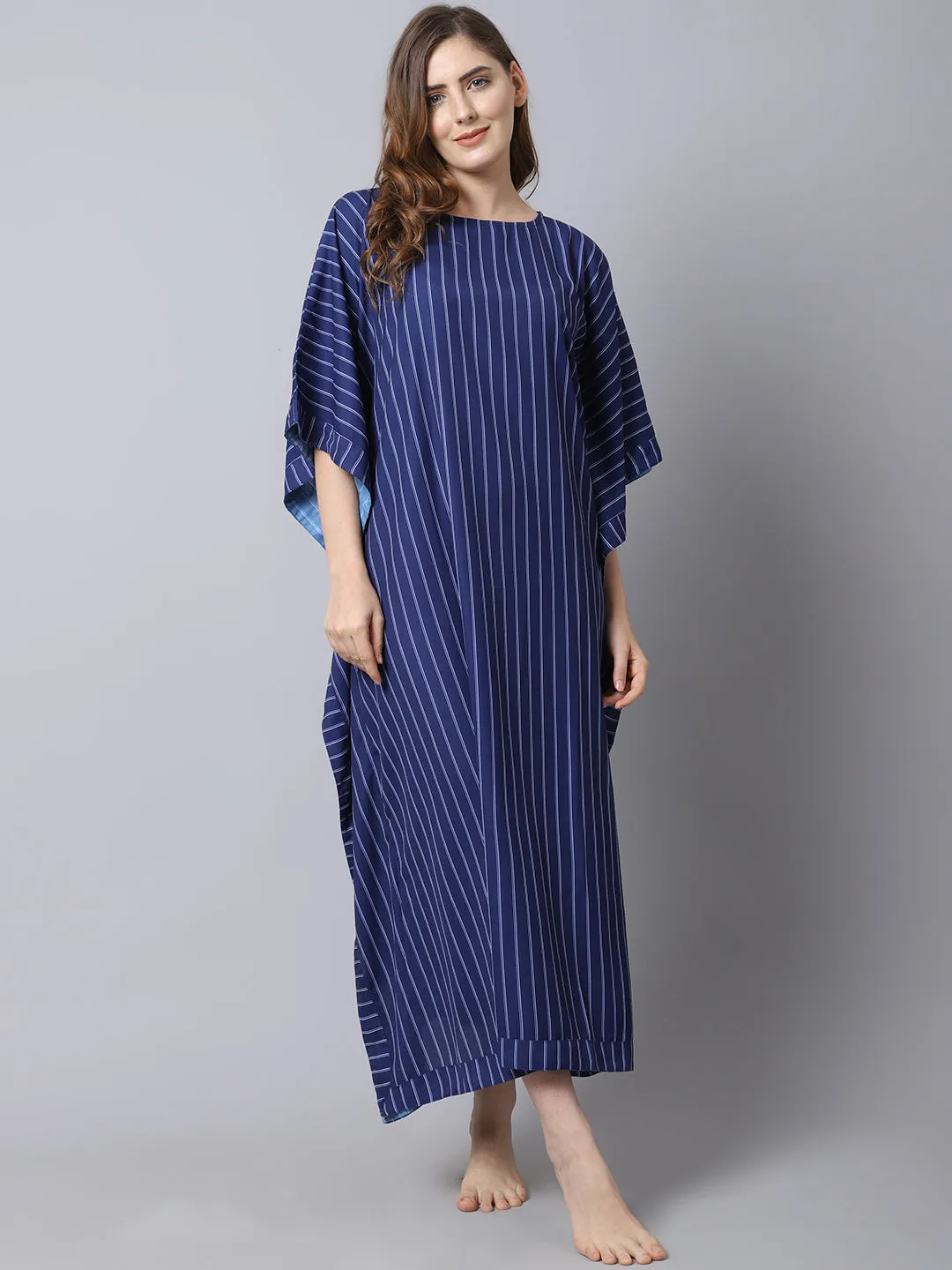 Women's Georgette Printed Kaftan Nighty/ Night Gown -Blue